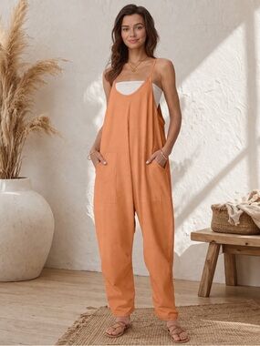 Orange Oversized Jumpsuit Spaghetti Strap Pockets Comfy Chic NWT